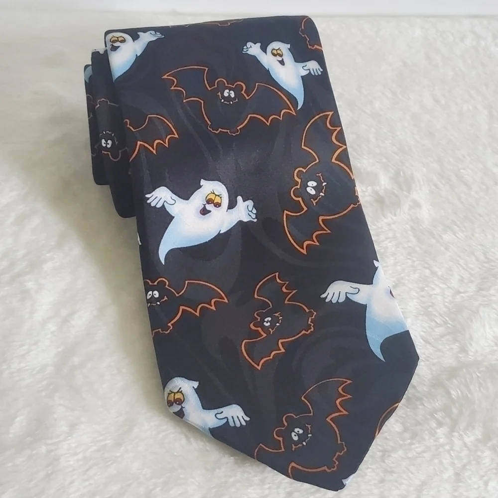 Hallmark Vintage VTG Retro Novelties Halloween Ghost Bat Black Necktie T…